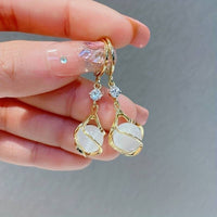 Moonstone Bead Shiny Rhinestone Decor Dangle Earrings Elegant Simple Style 29 UK