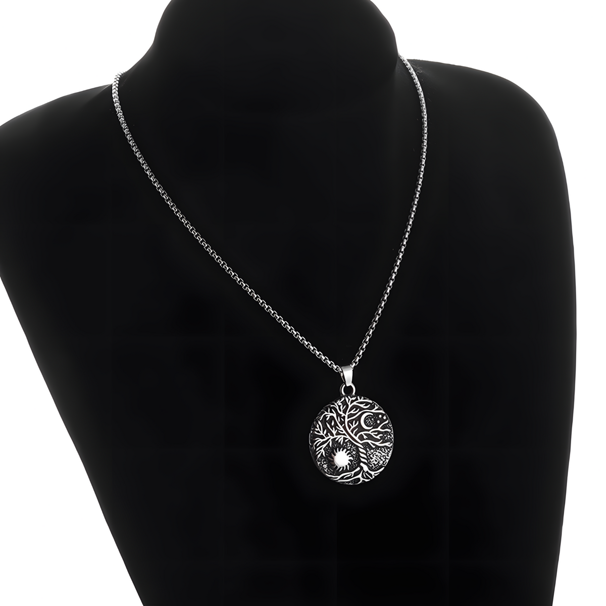 Vintage Tree Of Life Sun And Moon Pendant Necklace Celtic Nordic Round Rune 1093