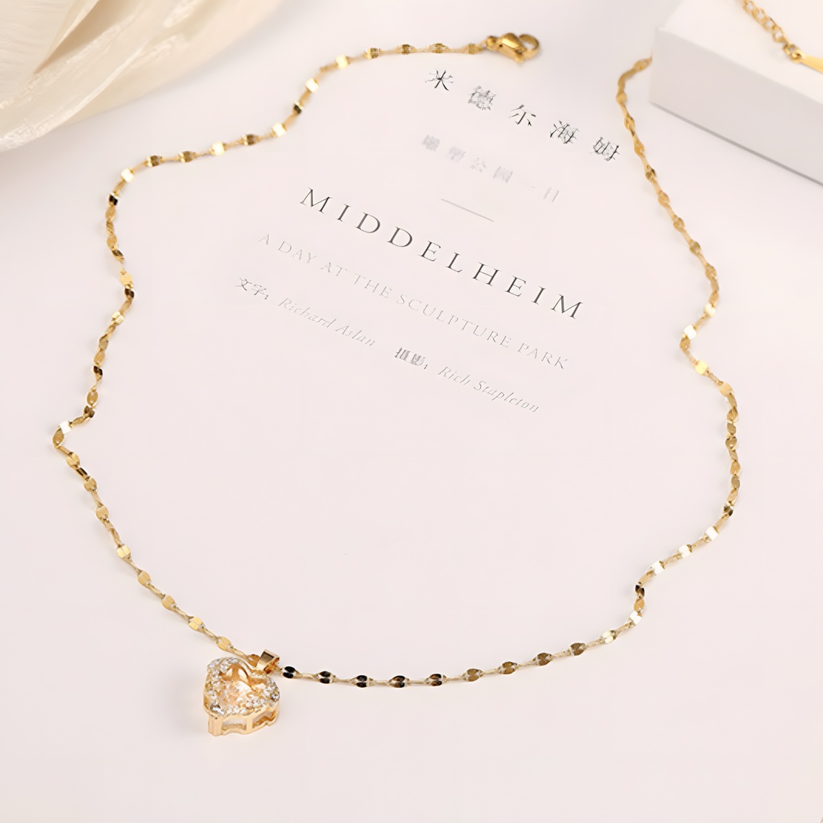 Gold Tone Stainless Steel Heart Pendant Necklace Women Sparkling Clear Stone B49
