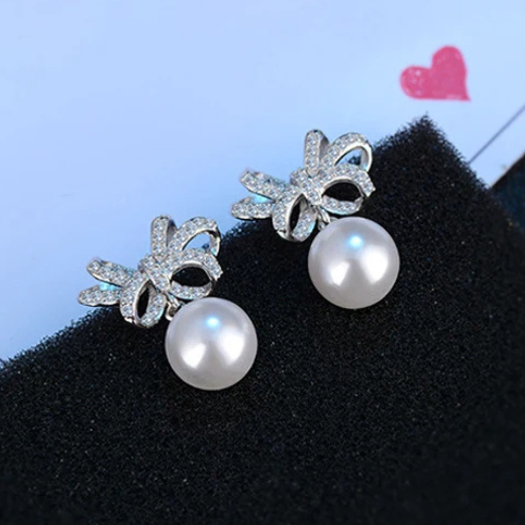 925 Sterling Silver Bow Knot Drop Earrings Pearls - CZ Bow & Pearl Dangle 351