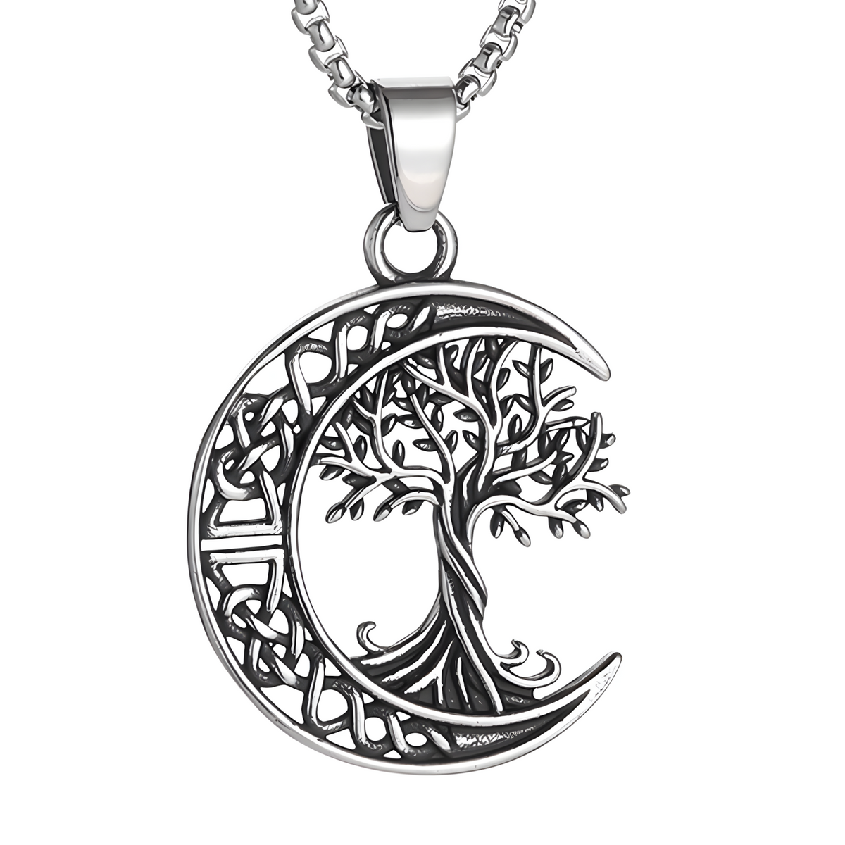 Stainless Steel Tree of Life Moon Pendant Necklace 600mm Chain Jewelry B25