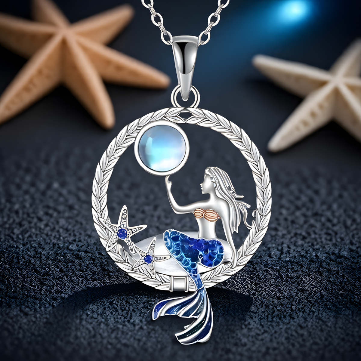 Vintage Mermaid Pendant Necklace Round Locket Crystal Moonstone Ocean Style B165