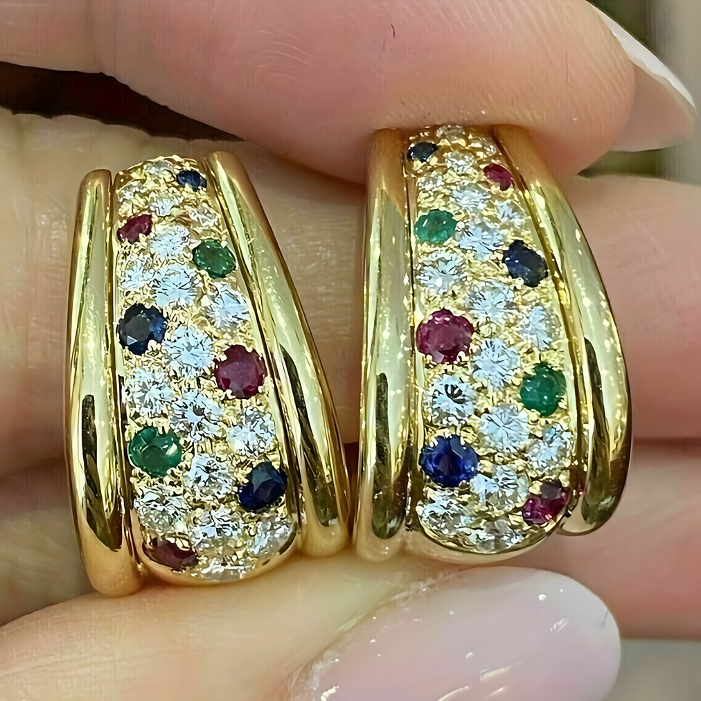 Women's Gold Plated Pavé CZ Cubic Zirconia Multigem Huggie Hoop Earrings - 640