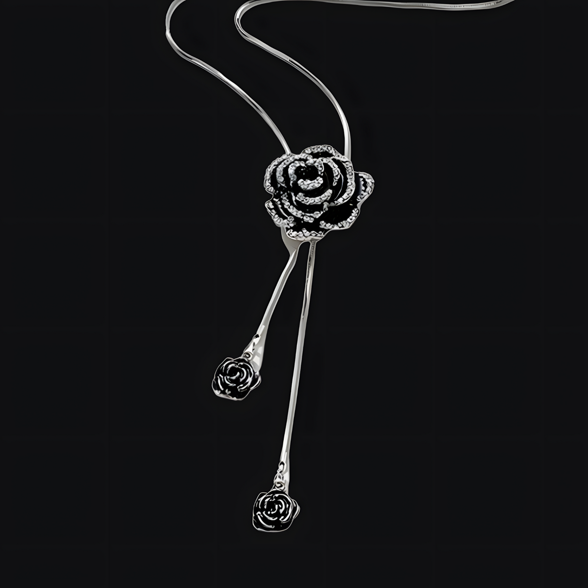 Black Rose Long Pendant Necklace for Women – Zinc Alloy Metal Chain 1211