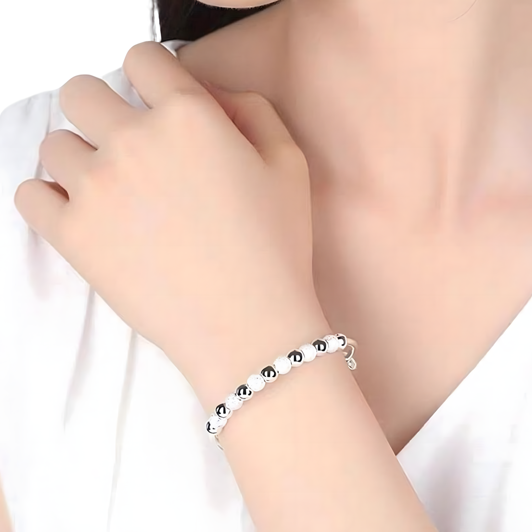925 Silver-Colour Beaded Bangle Bracelet Women –Adjustable Round Ball Design 683