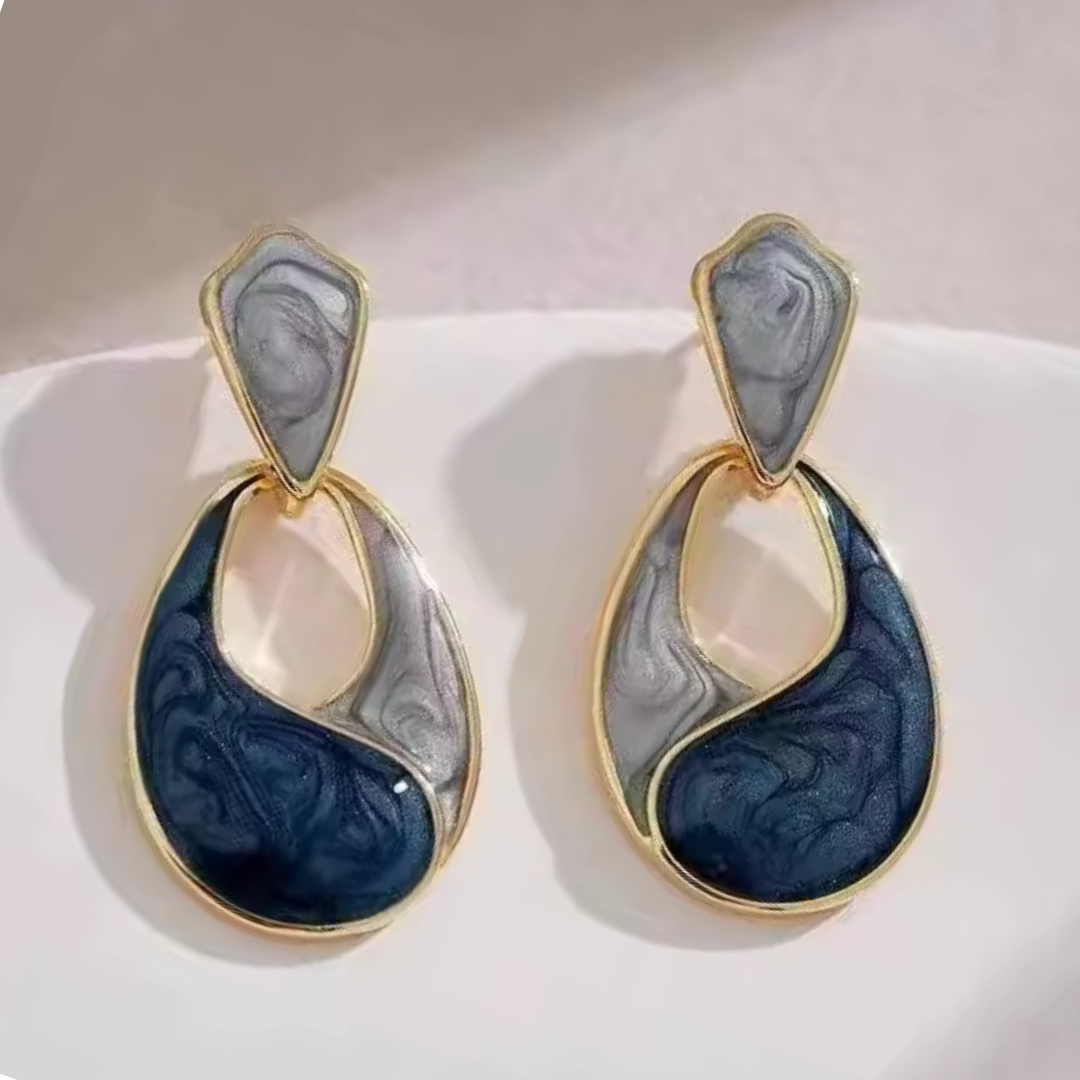 Multi Colour Marbled Teardrop Dangle Earrings — Navy & Grey Swirl Inlay 1383