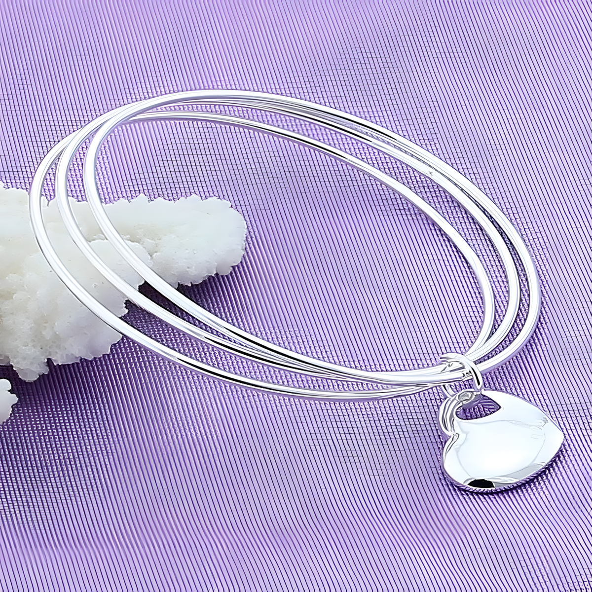 925 Sterling Silver Three Circle Bangle Bracelet with Heart Charm for Women 406