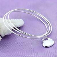 925 Sterling Silver Three Circle Bangle Bracelet with Heart Charm for Women 406
