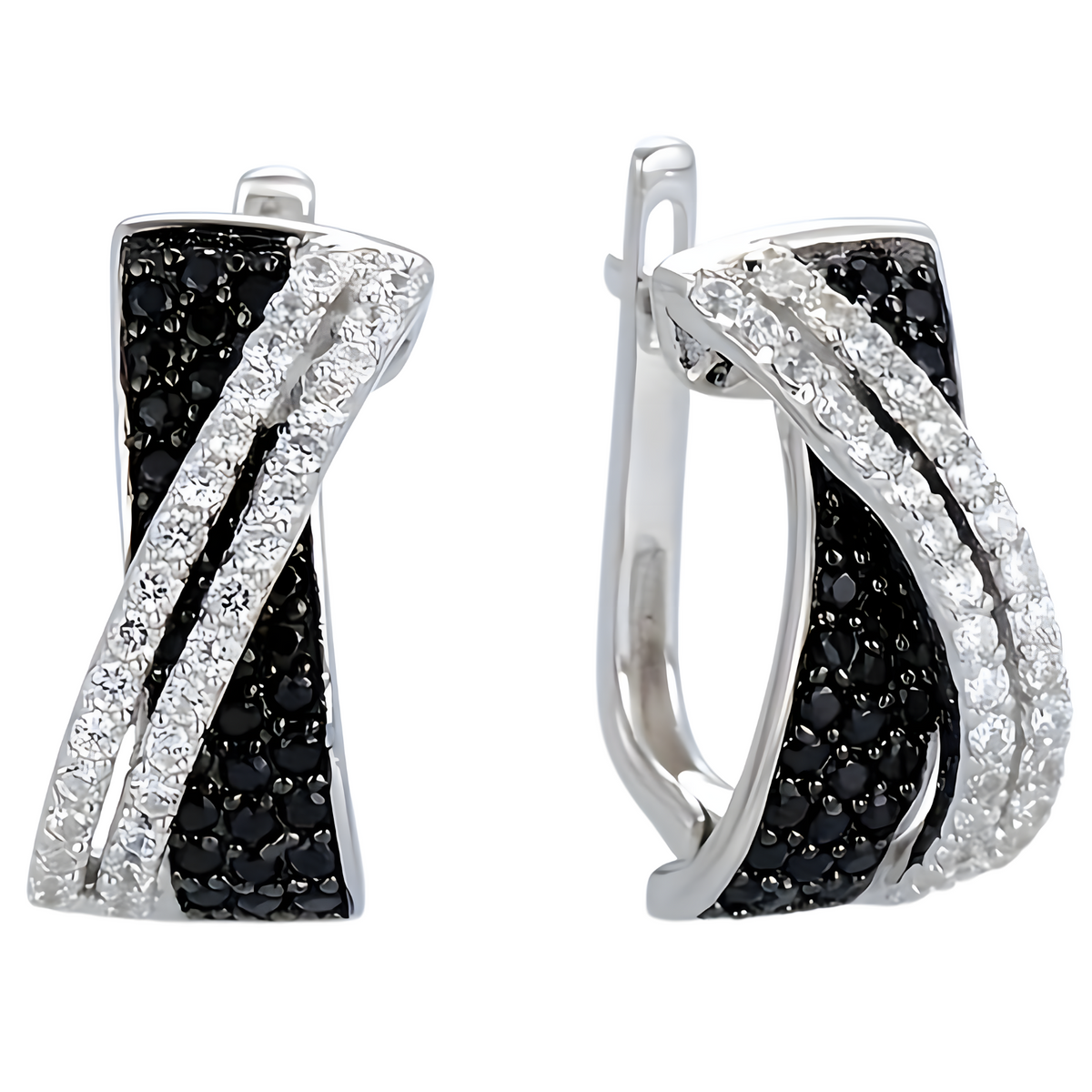 Modern Female Hoop Earrings: Black/White CZ X-Cross Two-Tone Design, 2cm 654