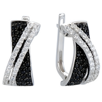 Modern Female Hoop Earrings: Black/White CZ X-Cross Two-Tone Design, 2cm 654