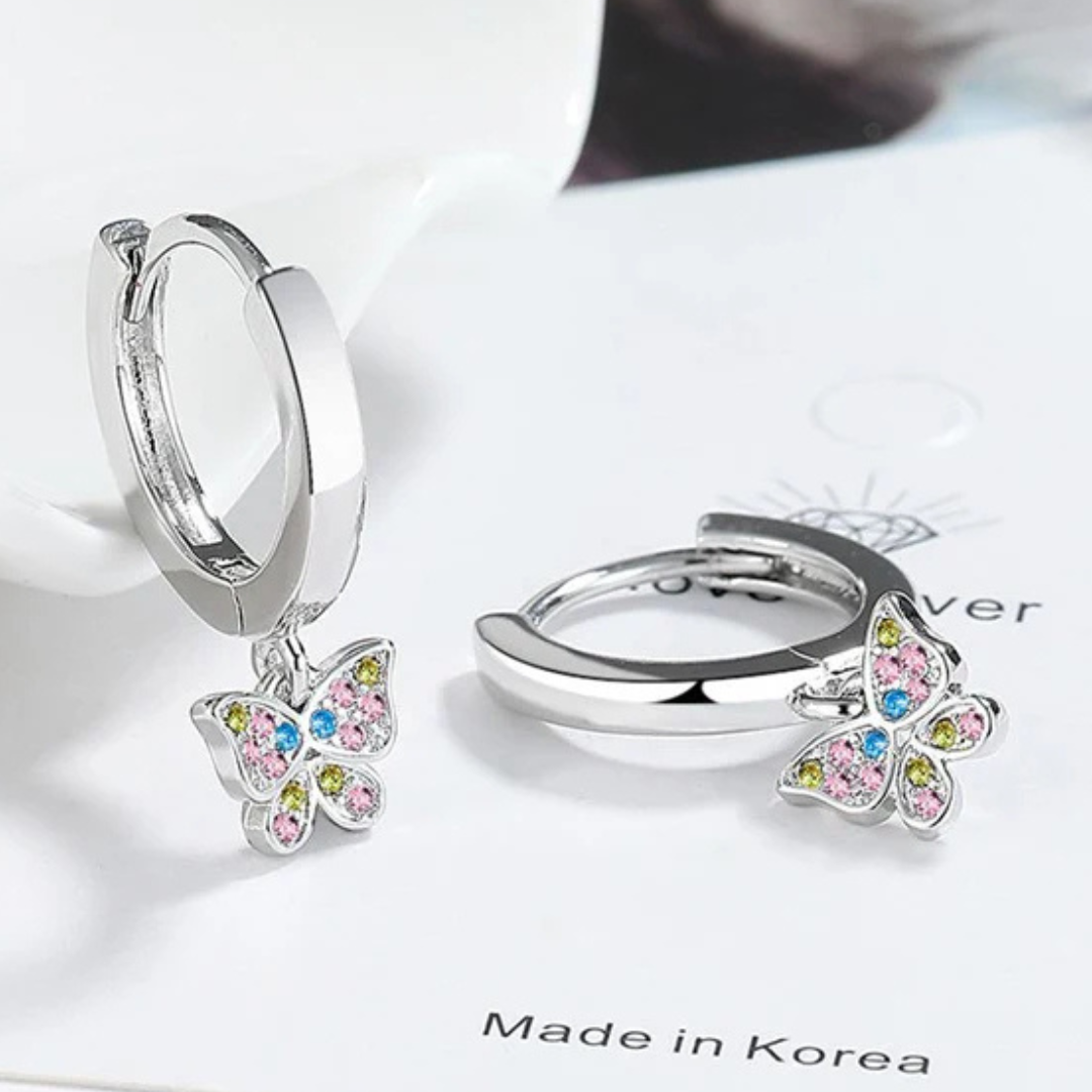 Sterling Silver Butterfly Drop Earrings –22mm Length Colorful Zircon Crystal 299