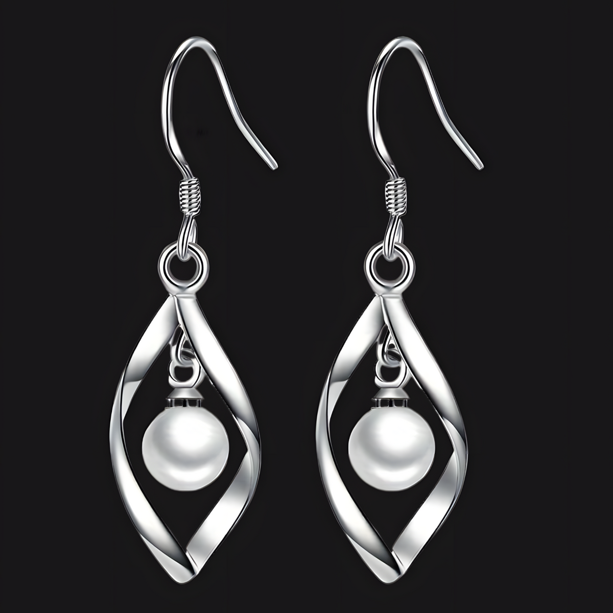 925 Sterling Silver Drop Earrings Trendy Twisted Leaf Shape with Pearl 825
