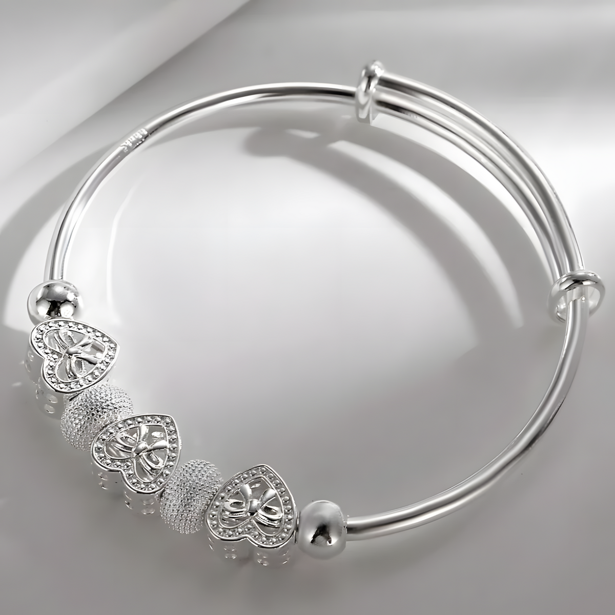 925 Sterling Silver Plated Heart Beads Adjustable Bangle Bracelet Cute Heart 434