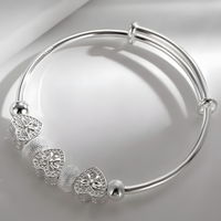 925 Sterling Silver Plated Heart Beads Adjustable Bangle Bracelet Cute Heart 434