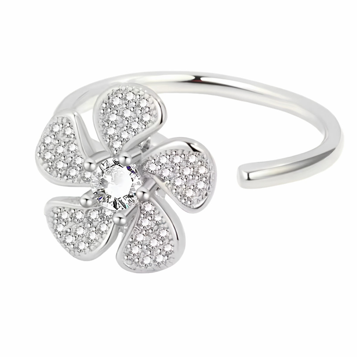 Silver Tone Floral Open Ring Adjustable Statement Ring Sparkling Flower 1588
