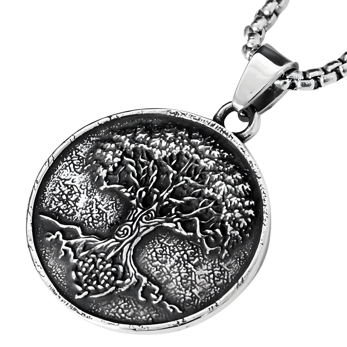 Stainless Steel Vintage Tree Of Life Pendant Necklace Textured Nordic Style 1071