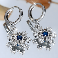 Women's Dangle Hoop Earrings, Blue Zircon Snowflake Drop, Silver Color 665