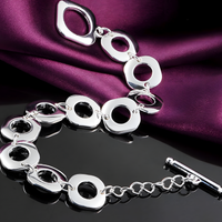 Geometric Silver Tone Link Bracelet for Women, Adjustable 20cm Statement 1737