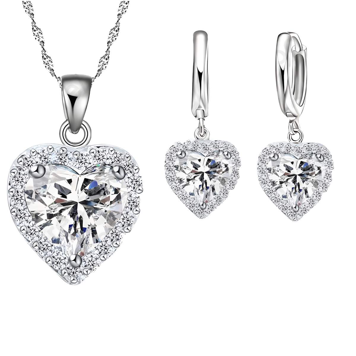 Heart Halo Necklace & Earrings Set -Sparkling Heart Pendant with Halo Cubic 1485