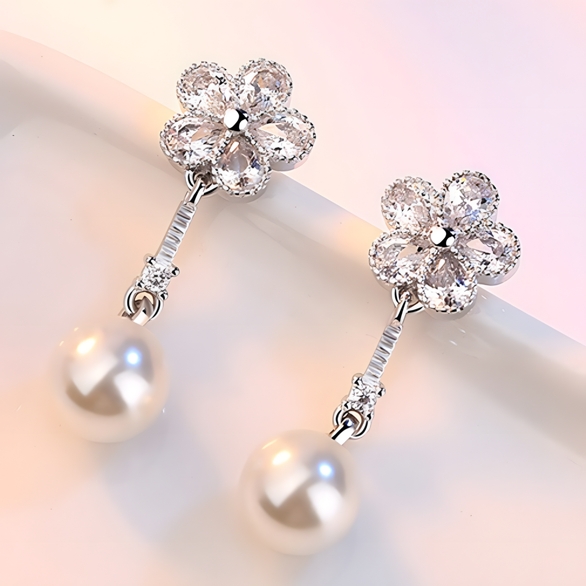 925 Silver-Plated Alloy Pearl Drop Earrings for Women – Flower CZ Crystal 996