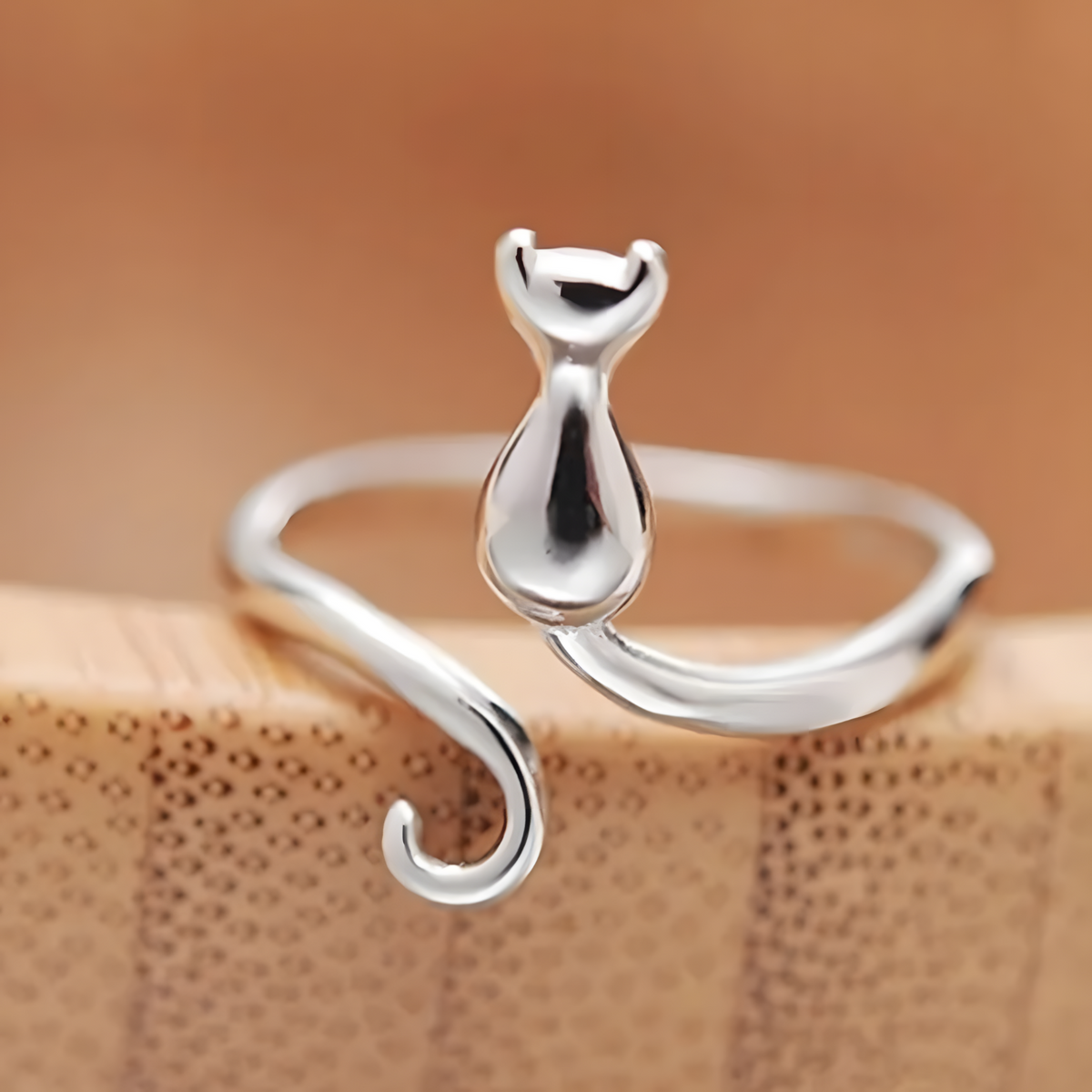 Silver-Tone Plated Copper Alloy Cat Wrap Ring Adjustable Open Band, Minimal 862