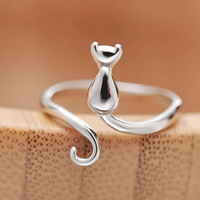Silver-Tone Plated Copper Alloy Cat Wrap Ring Adjustable Open Band, Minimal 862