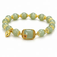 Green Beaded Bracelet, Gold Colour Square Centre Charm Lotus Drop Statement 1800