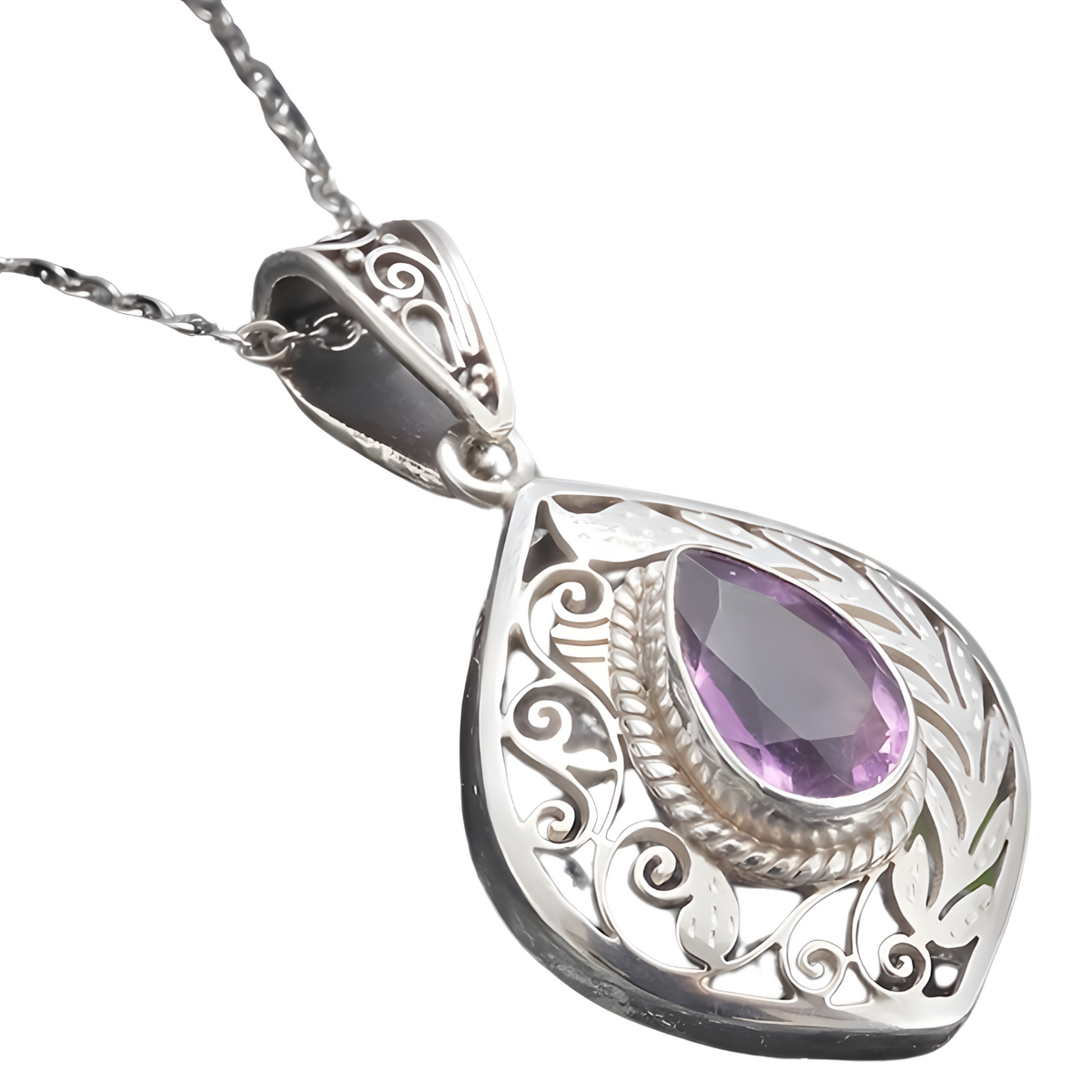 Vintage Amethyst Teardrop Pendant Necklace Zinc Silver Tone Filigree Jewelry 571