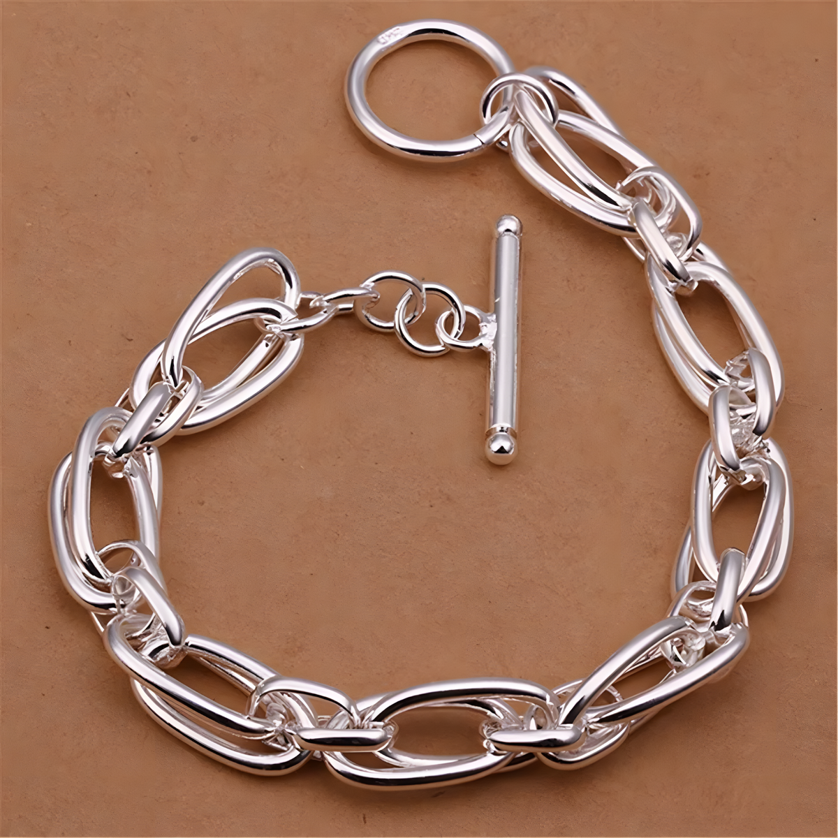 925 Sterling Silver Double Link Chain Toggle Clasp Bracelet for Women 445