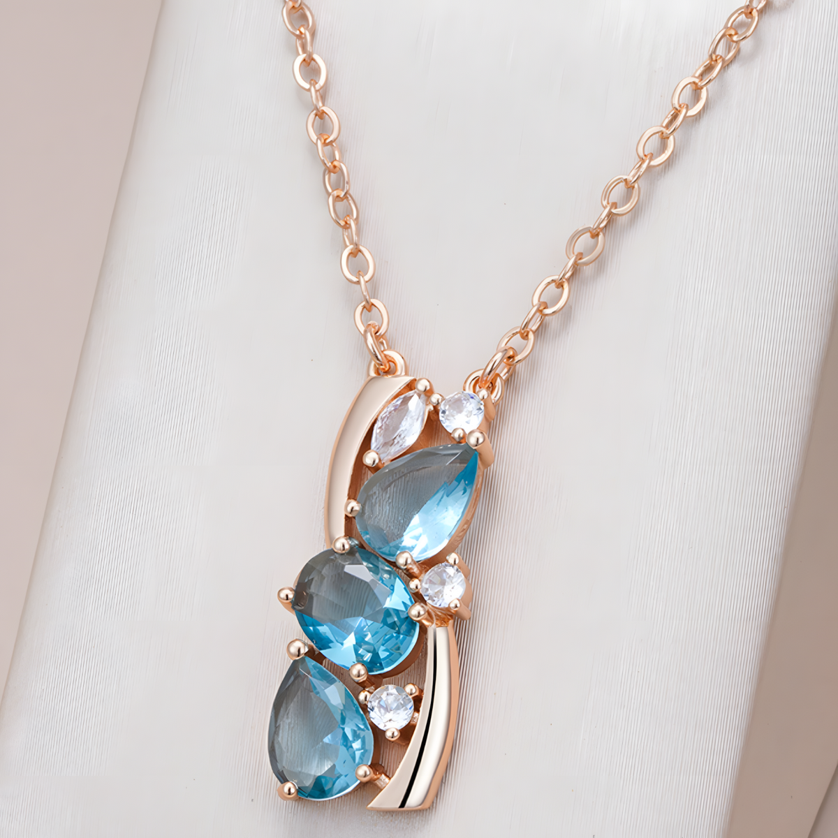 Blue Natural Zircon Pendant Necklace for Women, 585 Rose Gold Color Copper 1265
