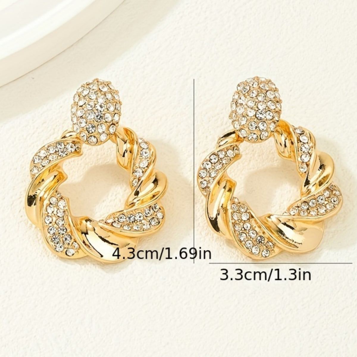 Women’s Gold Twisted Rhinestone Hoop Earring 4.3cm Geometric Zinc Alloy Stud 779