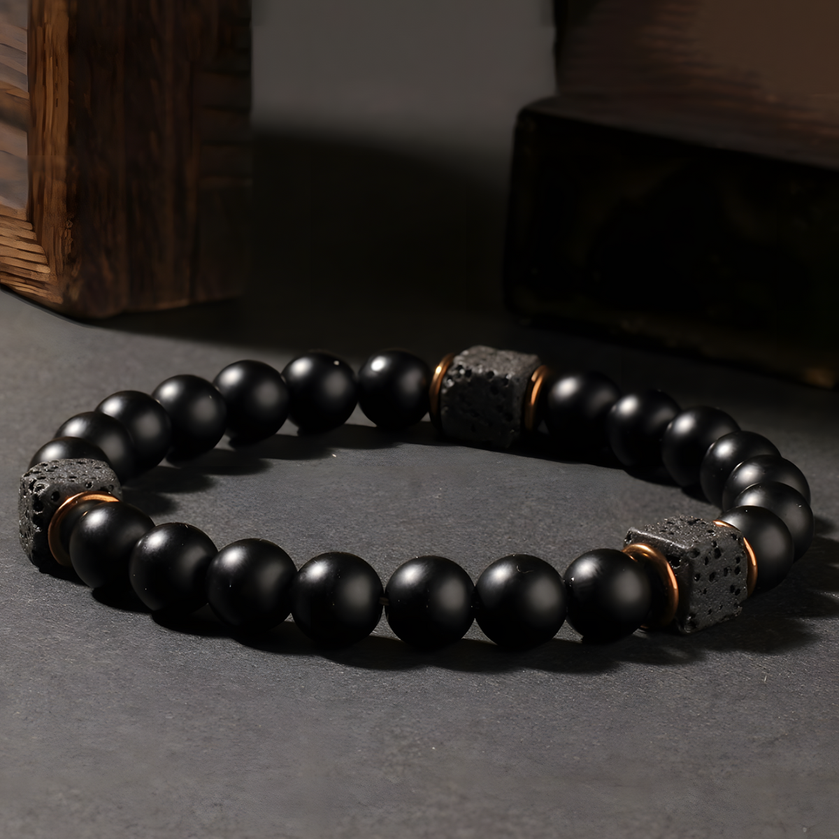 Black Lava Rock & Matte Onyx Bracelet - Premium Gold-Plated Accent Beads - 1449