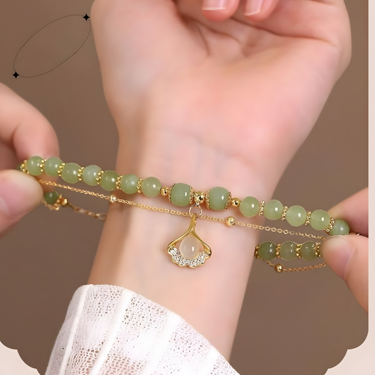 Unified Jewellery Green Beaded Ginkgo Leaf Charm Layered Bracelet 1900