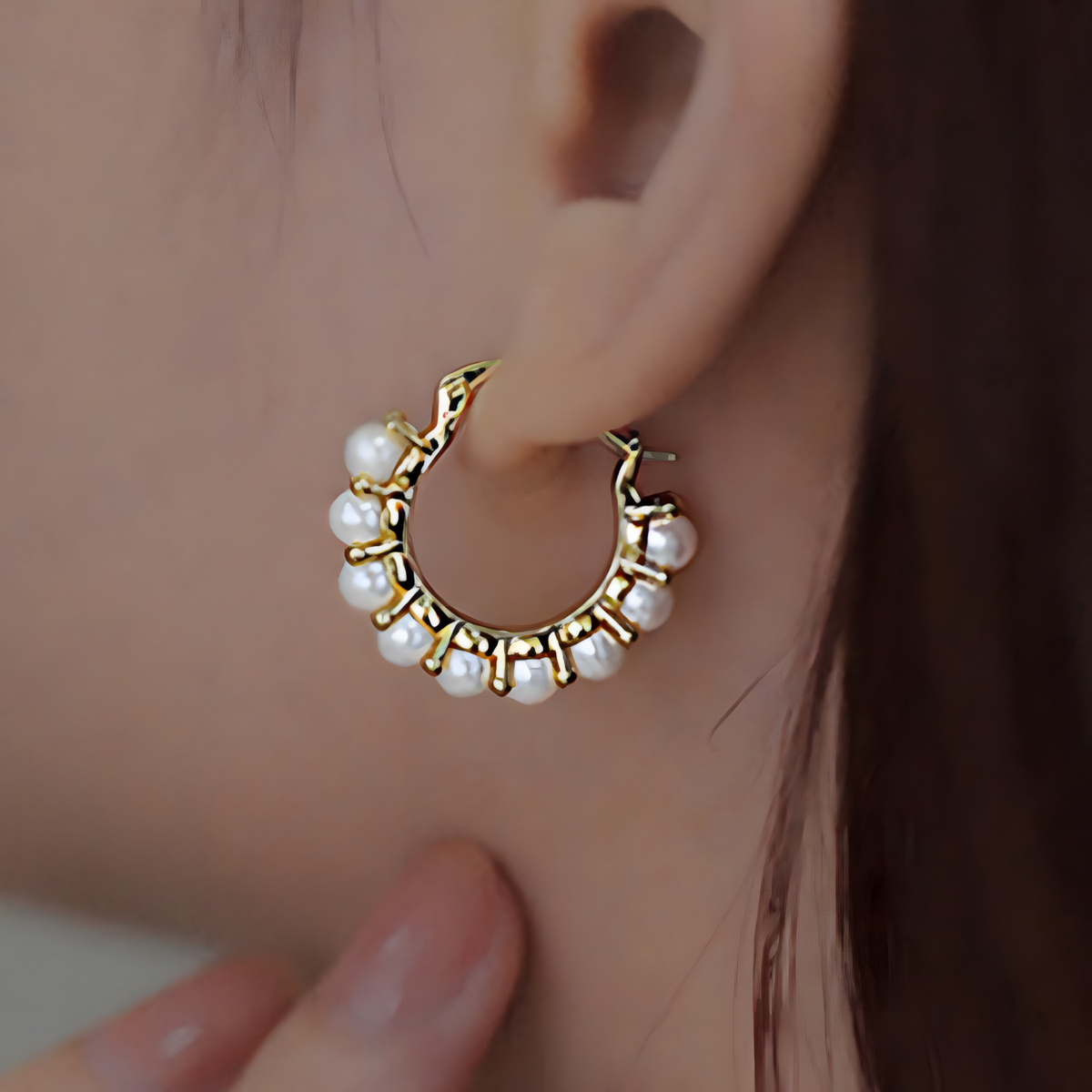 Trendy Pearl Hoop Earrings for Women – Gold-Tone Brass & Copper Alloy Hoops 1026