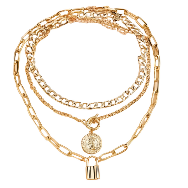 3-Layer Gold Chain Necklace Set Women – Retro Coin & Padlock Pendant Layered 702