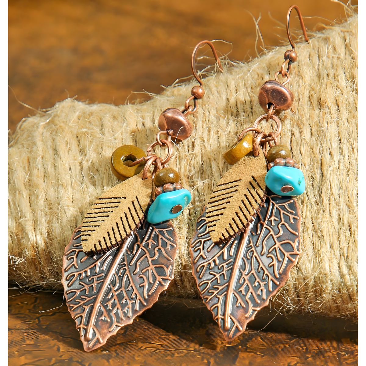 Boho Vintage Leaf Jewellery Set For Women, Layered Round Pendant Necklace 1704