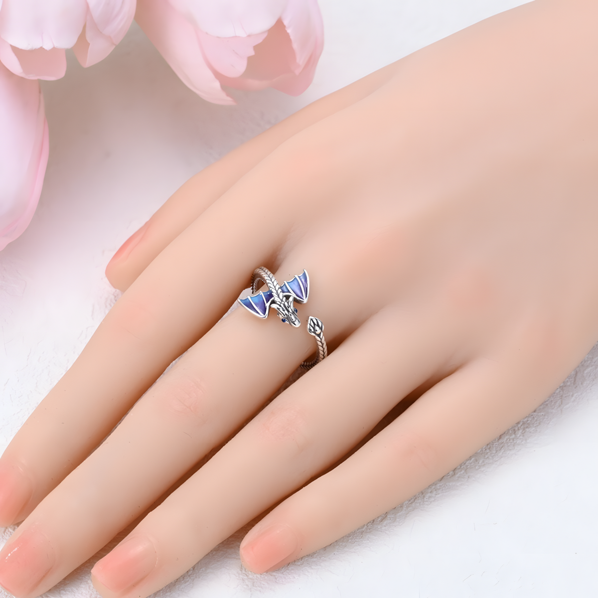 Adjustable Dragon Open Ring Silver Tone Rhodium-Plated Blue Enamel Wings 1441