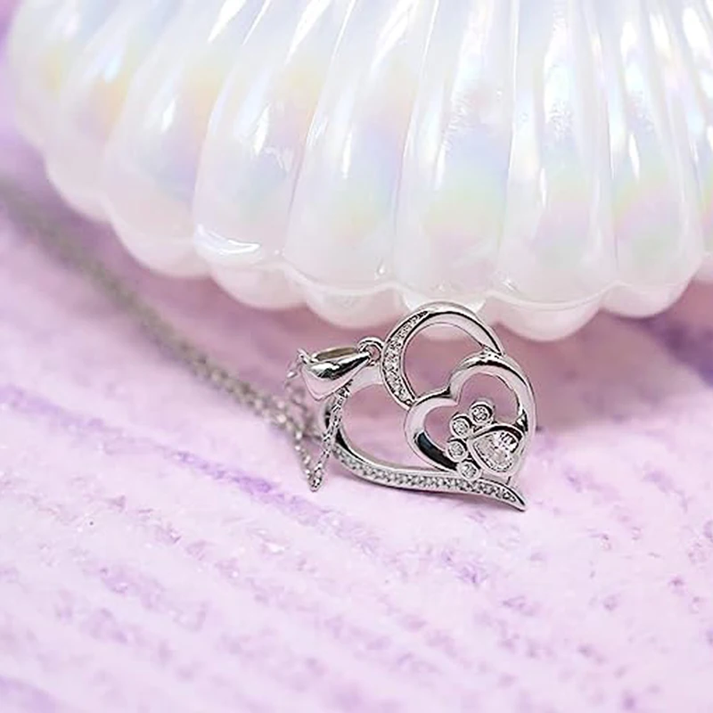 Paw Print Double Heart Pendant Necklace for Women-Sparkling Cubic Zirconia 1306