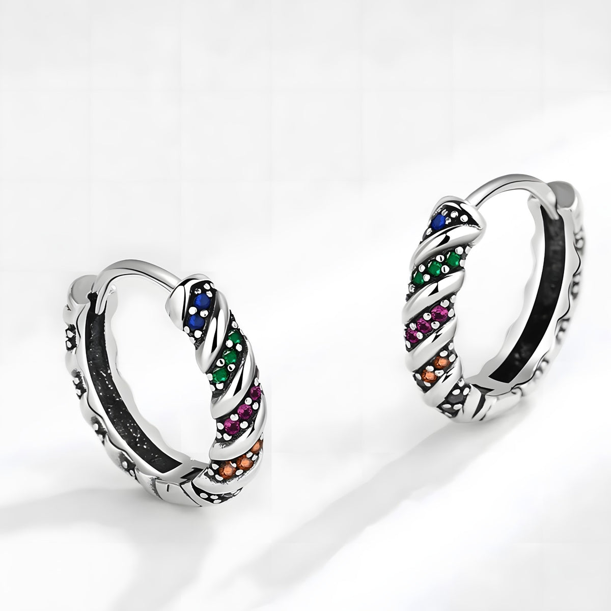 Sterling Silver Hoop Earrings with Multi-Color Cubic Zirconia Huggie Hoops 344