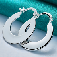 Silver Plated Alloy Flat Round Hoop Earrings for Women, Hinged Snap Closure 1419