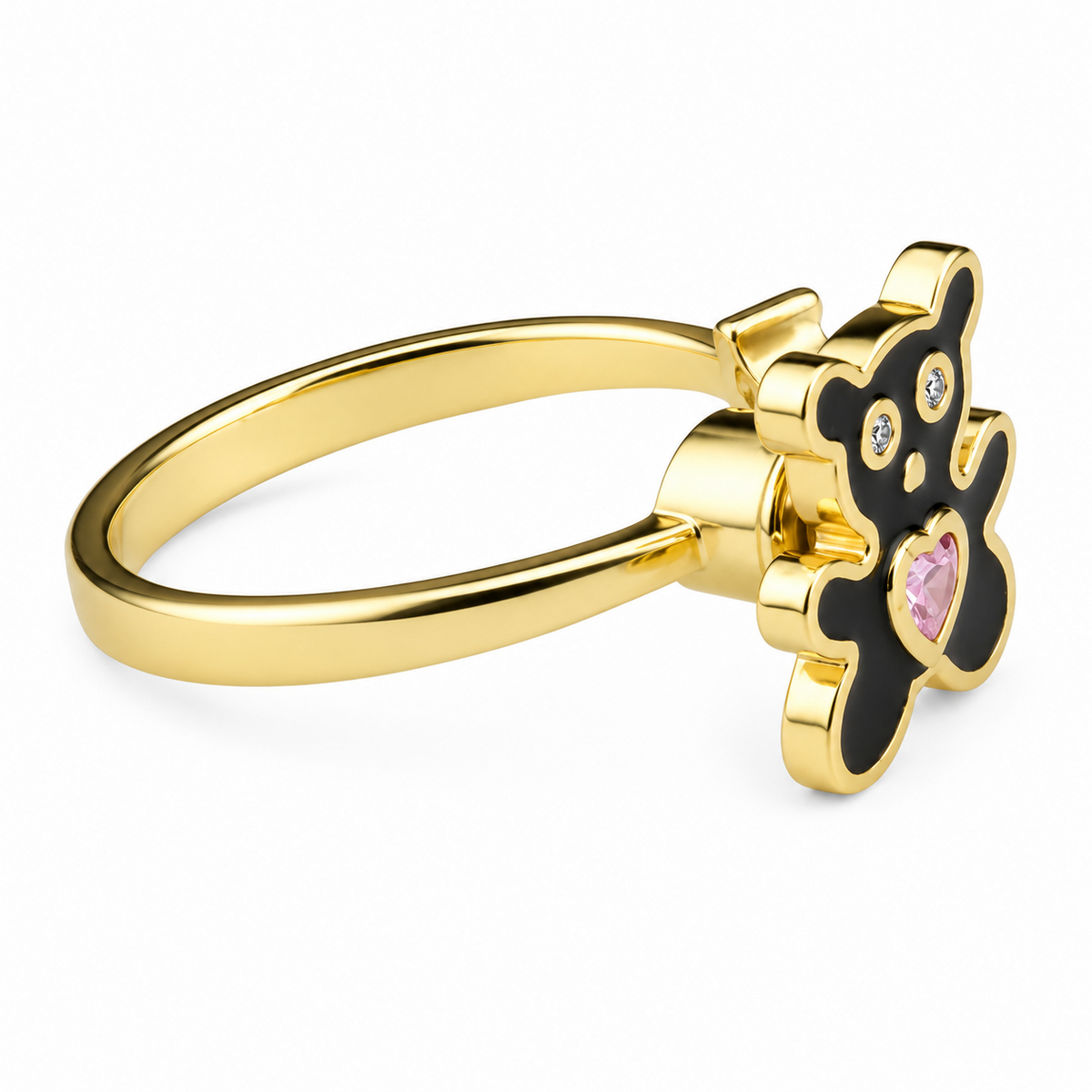 Teddy Bear Adjustable Open Ring Gold Tone Statement Ring with Black Enamel 1599