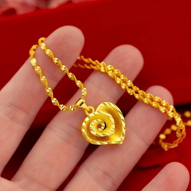 Vintage Luxury Heart Pendant Necklace 24K Gold Plated Copper, Elegant Spiral 124