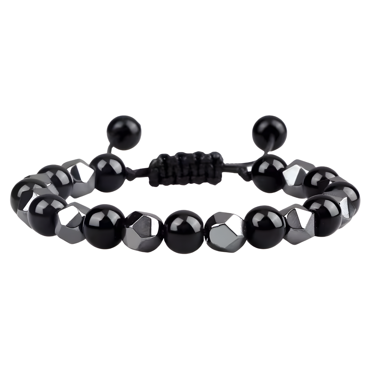 Black 8mm Bright Black Beaded Bracelet Adjustable Macrame Bracelet Unisex 1350