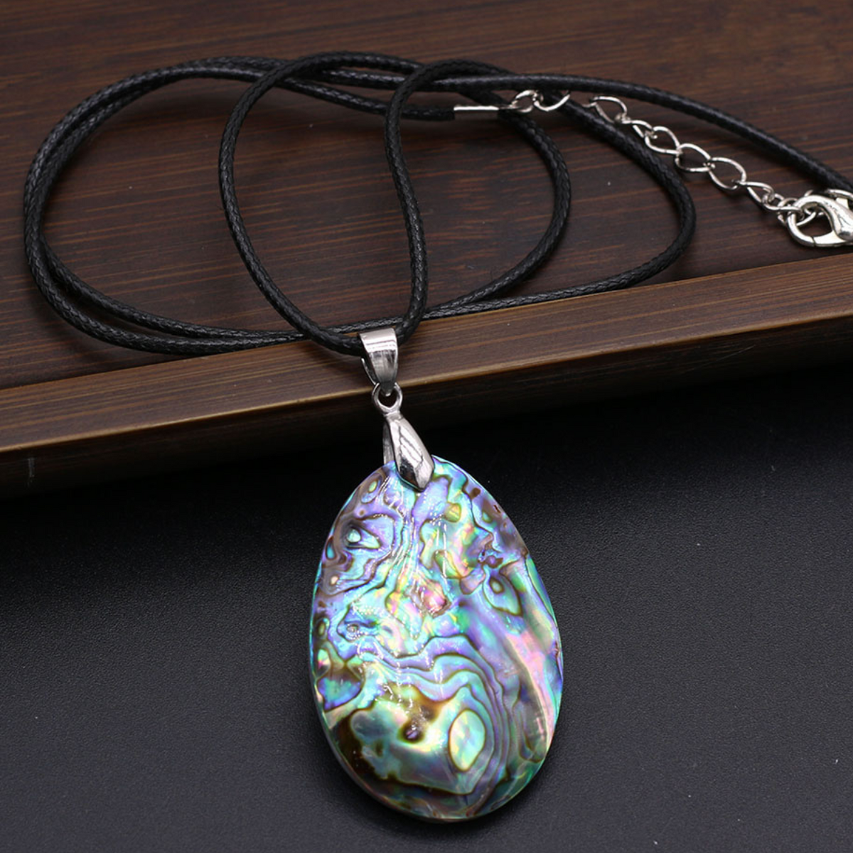 Abalone Shell Pendant Necklace Oval Iridescent Ocean Stone Necklace Black B102