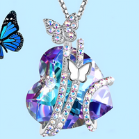 Butterfly Heart Necklace for Women Zinc Alloy Silver Colour Pavé Butterfly 1175