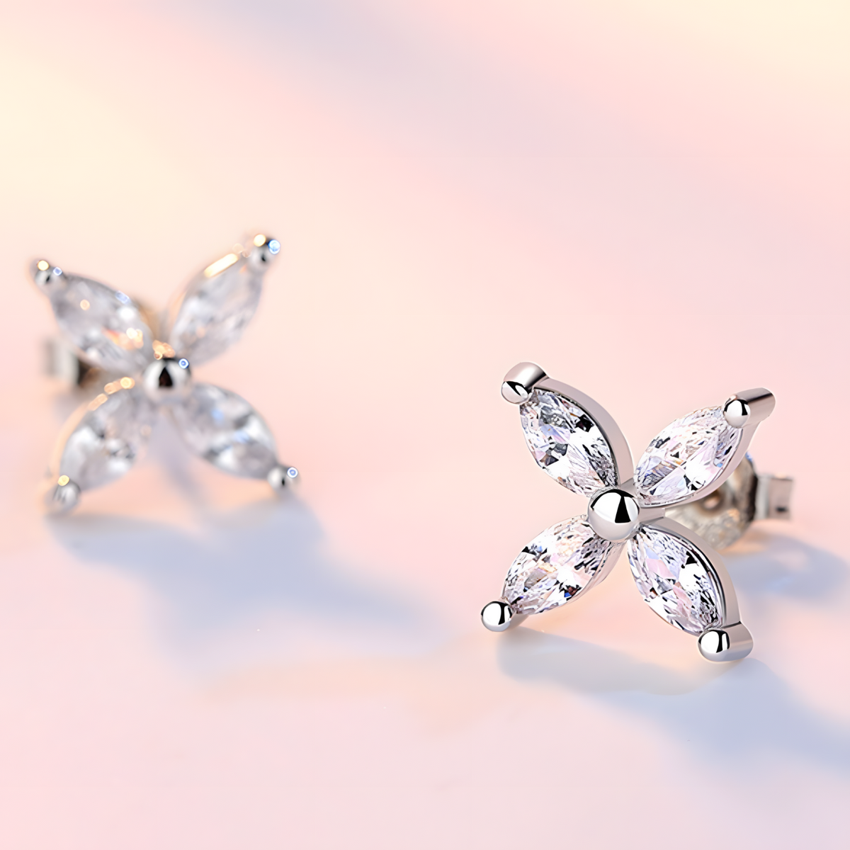 4-Petal Zircon Stud Earrings Women – 925 Silver-Plated Alloy Floral Design 1002