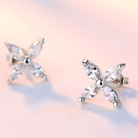 4-Petal Zircon Stud Earrings Women – 925 Silver-Plated Alloy Floral Design 1002