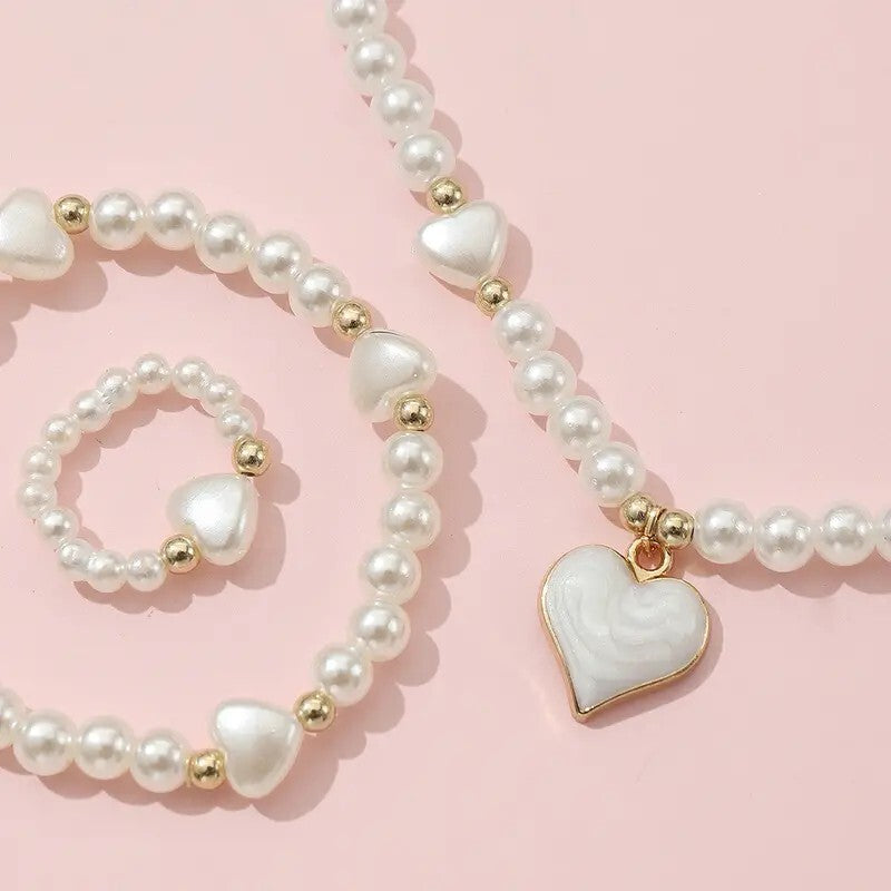 3pcs Necklace Bracelet Ring Set Girls, Sweet Heart Faux Pearl Jewelry Set 107 UK