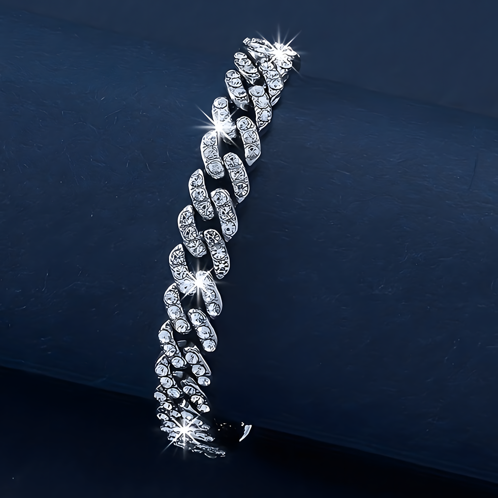 Silver Cuban Link Bracelet Women Iced  Rhinestone Chain Bracelet Adjustable 695