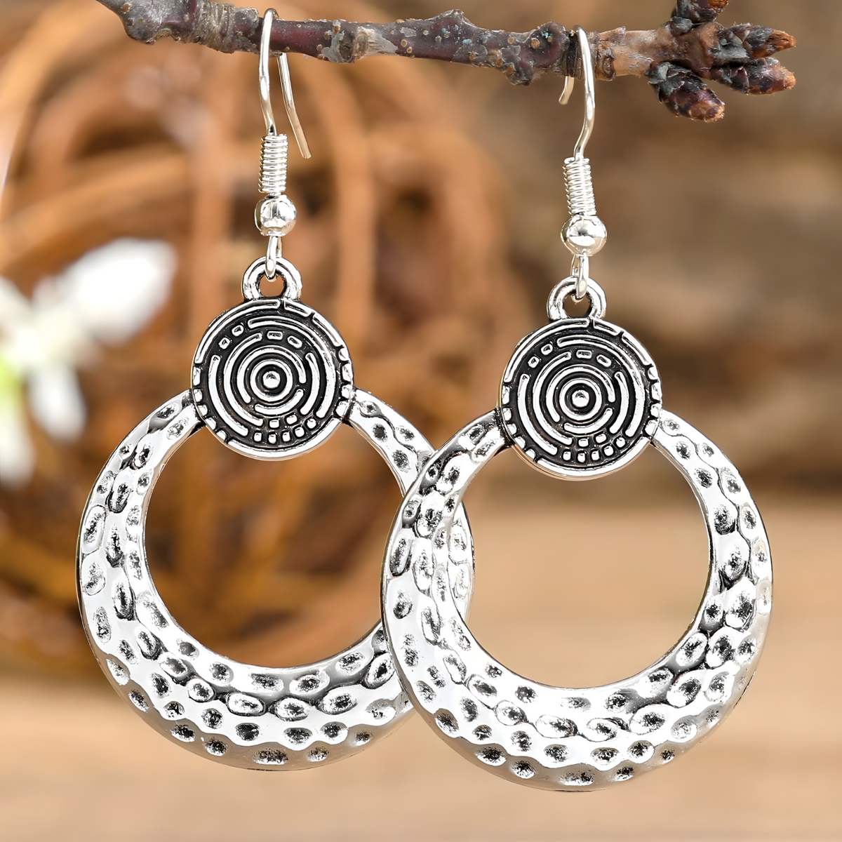 Boho Hammered Hoop Jewellery Set Women, Black Cord Round Pendant Necklace 1709